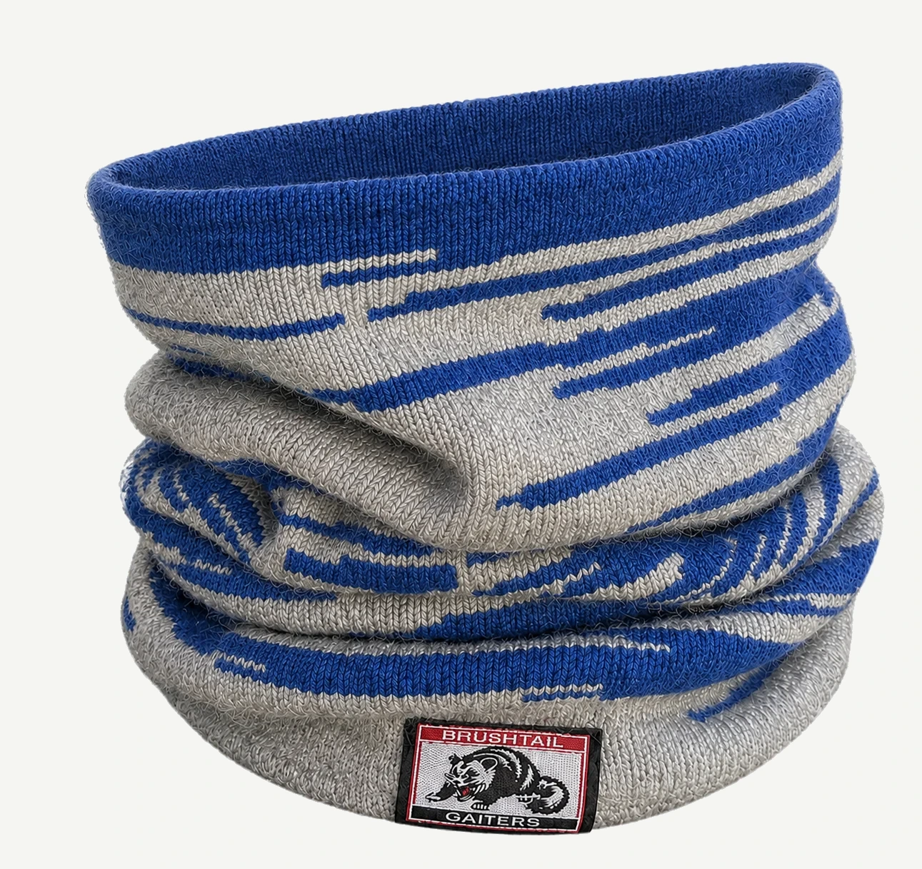 Brushtail Neck Gaiter i blå och grå, stående produktfoto.